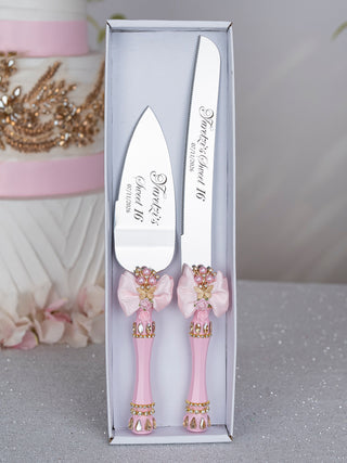 Light Pink Gold with Bow quinceanera cake knife and server