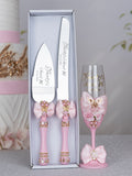 Light Pink Gold with Bow quinceanera cake knife set with 1 glass