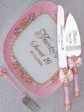 Light Pink Gold with Bow quinceanera cake knife set with plate and fork