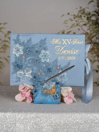Slate Blue Gold quinceanera guest book