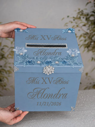 Dusty Blue Silver Quinceanera Money Card Box