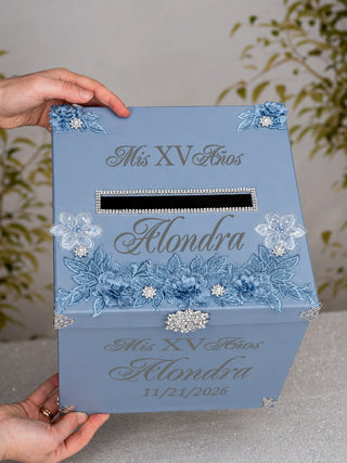 Dusty Blue Silver Quinceanera Money Card Box