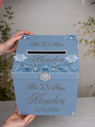 Dusty Blue Silver Quinceanera Money Card Box