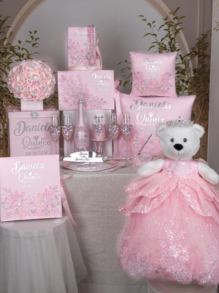 Baby Pink Silver Quinceanera bible, rosary and guest book