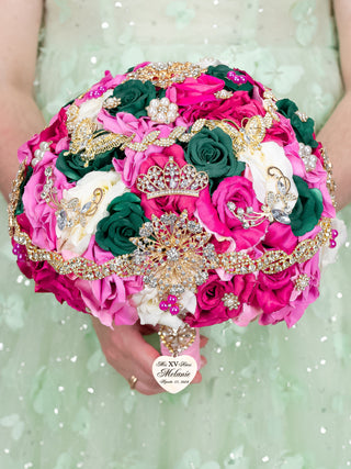 Fuchsia with green quinceanera bouquet 9 inches