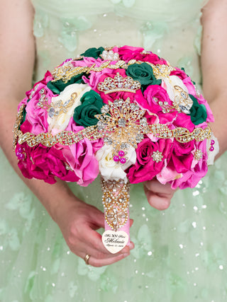 Fuchsia with green quinceanera bouquet 9 inches