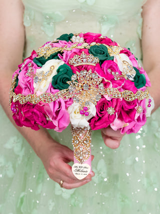 Fuchsia with green quinceanera bouquet 13 inches