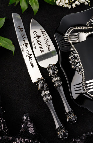 Black Gothic Quinceanera cake knife set with plate and fork