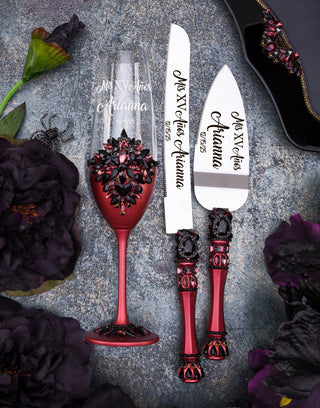 Burgundy Black Quinceanera cake knife and server