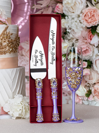 Lavender quinceanera cake knife set with plate and fork