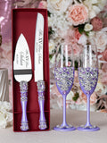 Lilac quinceanera cake knife set with 2 glasses