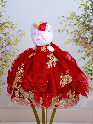 Dark red with Gold Teddy Cat for Quinceanera