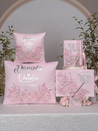 Baby Pink Silver Quinceanera theme Bible with Rosary (in english)