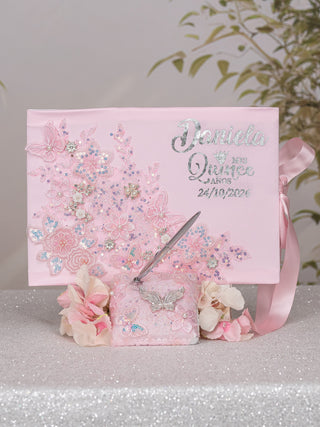 Baby pink silver quinceanera guest book with pen