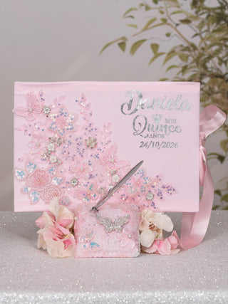 Baby Pink Silver Quinceanera package of pillows set, Bible, rosary and guest book