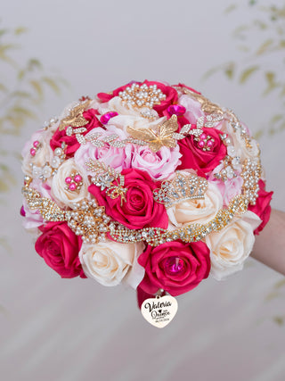 Pink Ivory Fuchsia quinceanera bouquet 13 inches