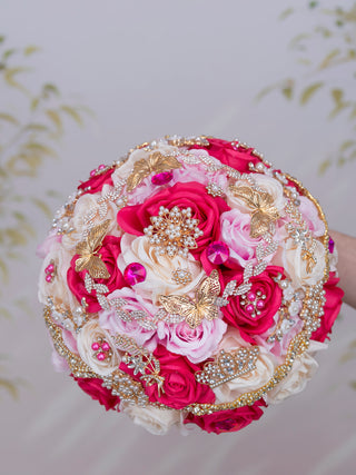 Pink Ivory Fuchsia quinceanera bouquet 13 inches