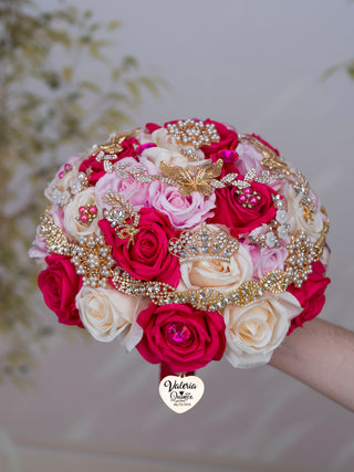 Pink Ivory Fuchsia quinceanera bouquet 13 inches