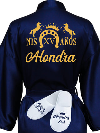 Quinceanera Navy Blue with Gold robe with slippers