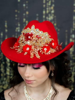 Red with gold Quinceanera Tejana Hat