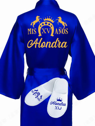 Quinceanera Royal Blue with Gold robe with slippers