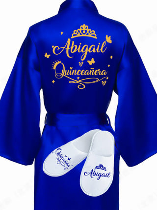 Quinceanera Royal Blue with Gold robe with slippers