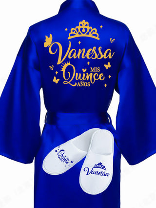 Quinceanera Royal Blue with Gold robe with slippers