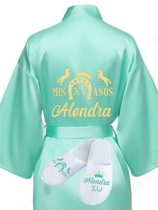 Quinceanera Sage Green with Gold robe with slippers