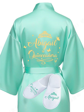 Quinceanera Sage Green with Gold robe with slippers