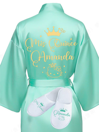 Quinceanera Sage Green with Gold robe with slippers