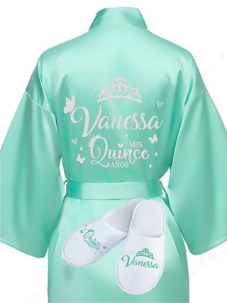 Quinceanera Sage Green with Silver robe with slippers