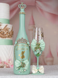 Sage Green Frog quinceanera bottle with 1 glass