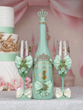 Sage Green Frog quinceanera bottle with 2 glasses