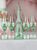 Sage Green Frog quinceanera bottle with 4 glasses