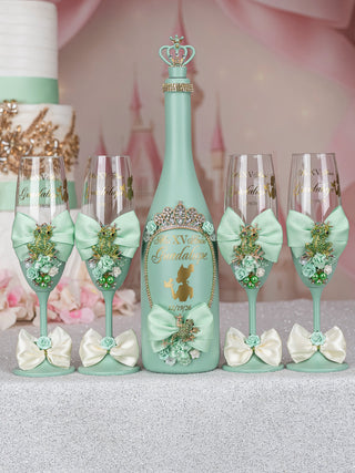 Sage Green Frog quinceanera bottle with 2 glasses