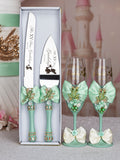 Sage Green Frog quinceanera cake knife set with 2 glasses