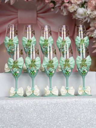 Sage Green Frog 10 quinceanera champagne glasses