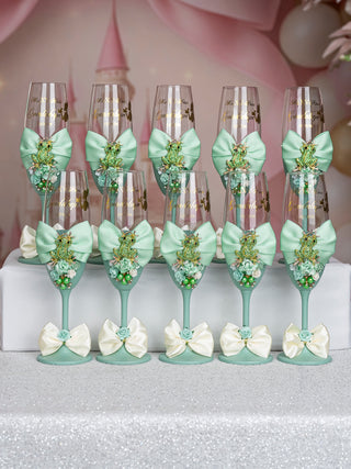 Sage Green Frog 10 quinceanera champagne glasses