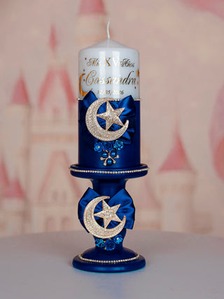 Navy blue gold Moon and Stars quinceanera cake knife and server