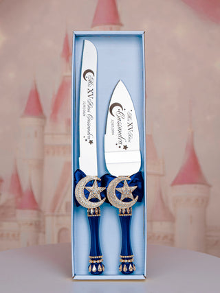 Navy blue gold Moon and Stars quinceanera cake knife and server
