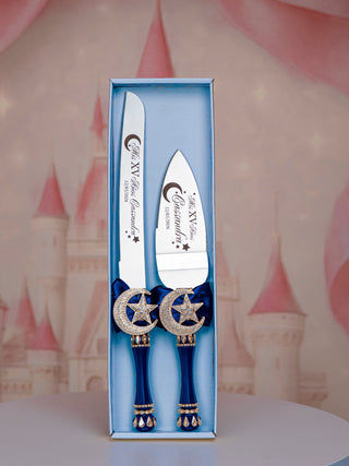 Navy blue gold Moon and Stars quinceanera cake knife and server