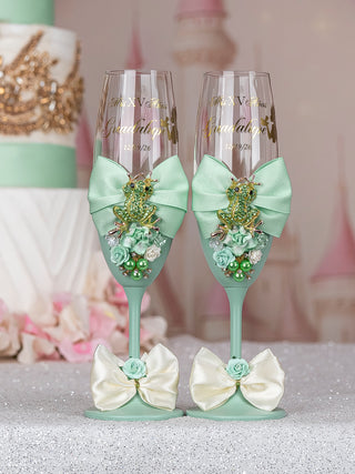 Sage Green Frog 2 quinceanera champagne glasses