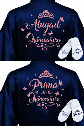 2 Batas y zapatillas Quinceanera Navy Blue with Rose Gold