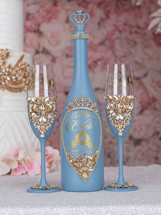 Slate Blue gold 2 quinceanera champagne glasses