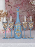 Slate Blue gold quinceanera bottle with 4 glasses