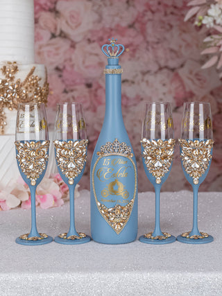 Slate Blue gold quinceanera bottle with 4 glasses