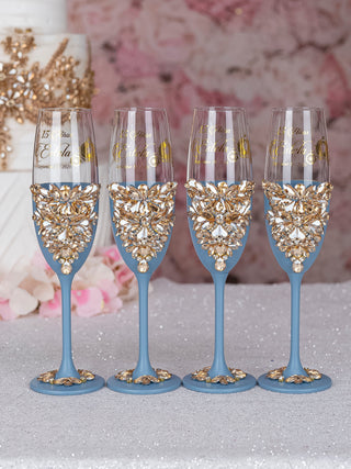 Slate Blue gold quinceanera bottle with 1 glasses