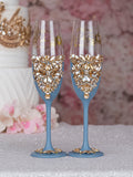 Slate Blue gold 4 quinceanera champagne glasses