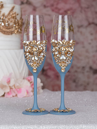 Slate Blue gold 4 quinceanera champagne glasses