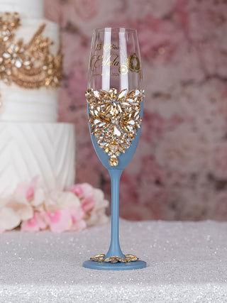 Slate Blue gold 4 quinceanera champagne glasses